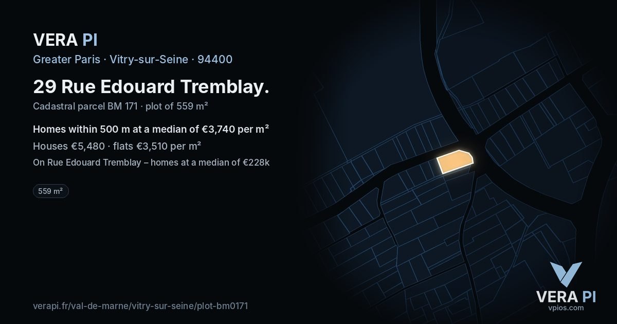 29 Rue Edouard Tremblay, Vitry-sur-Seine at night – the plot lit, the parcels around coloured by the prices near them