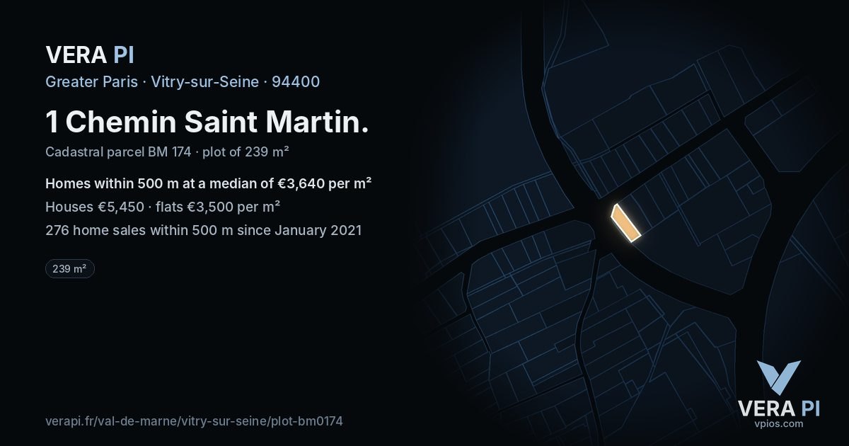 1 Chemin Saint Martin, Vitry-sur-Seine at night – the plot lit, the parcels around coloured by the prices near them