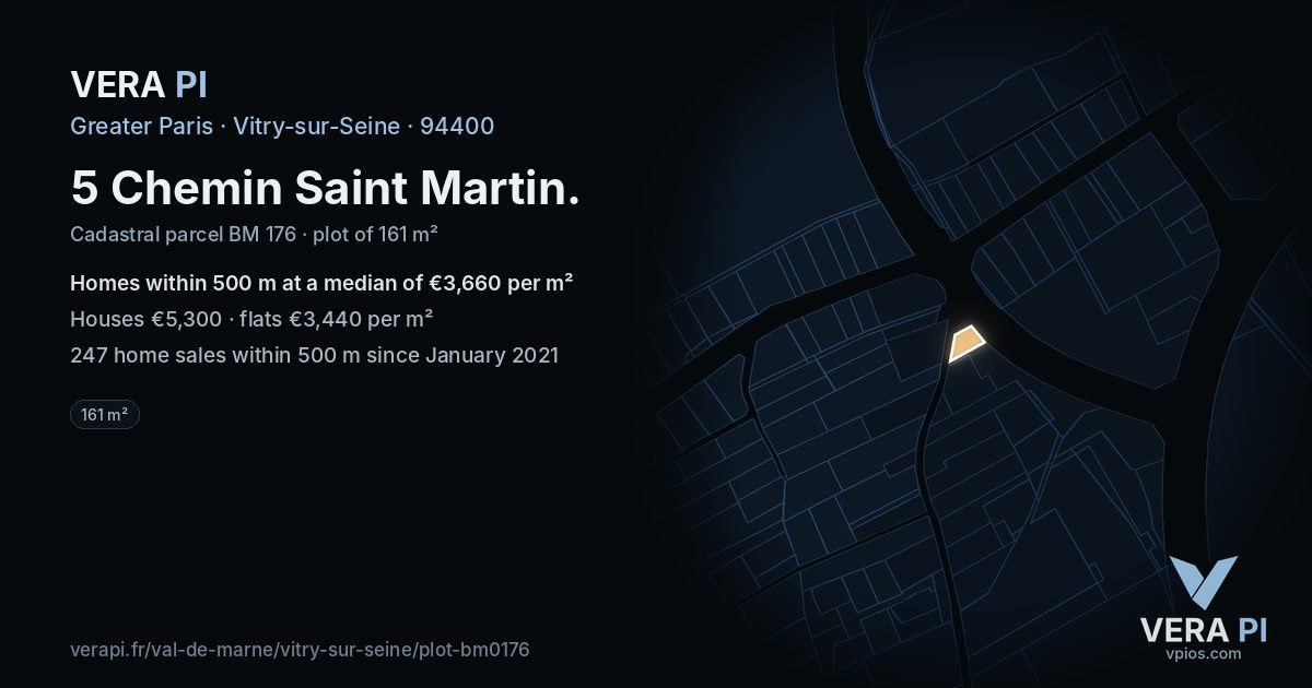 5 Chemin Saint Martin, Vitry-sur-Seine at night – the plot lit, the parcels around coloured by the prices near them