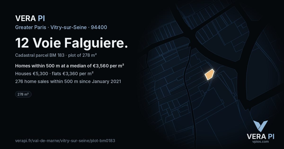 12 Voie Falguiere, Vitry-sur-Seine at night – the plot lit, the parcels around coloured by the prices near them