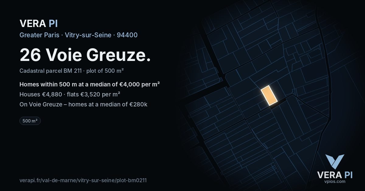 26 Voie Greuze, Vitry-sur-Seine at night – the plot lit, the parcels around coloured by the prices near them
