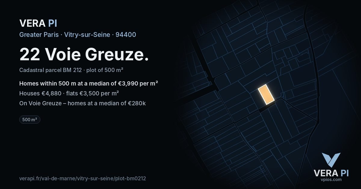 22 Voie Greuze, Vitry-sur-Seine at night – the plot lit, the parcels around coloured by the prices near them