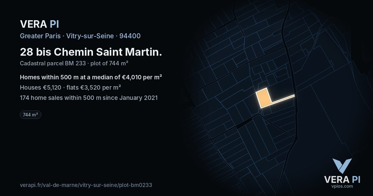 28 bis Chemin Saint Martin, Vitry-sur-Seine at night – the plot lit, the parcels around coloured by the prices near them