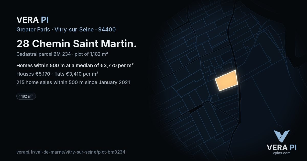 28 Chemin Saint Martin, Vitry-sur-Seine at night – the plot lit, the parcels around coloured by the prices near them
