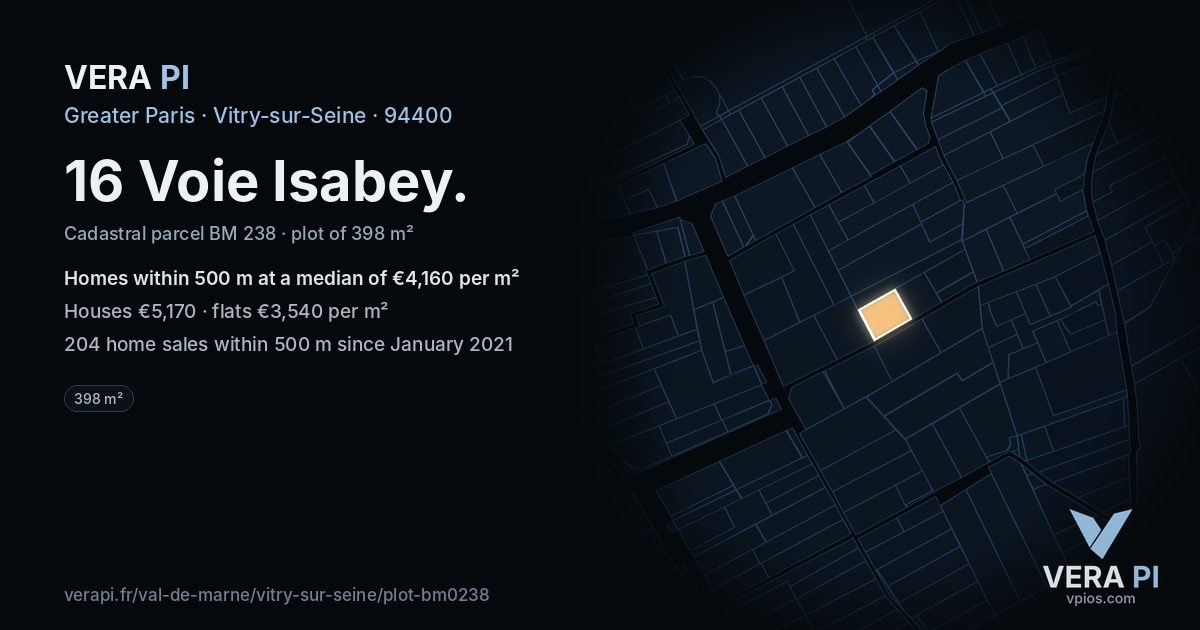 16 Voie Isabey, Vitry-sur-Seine at night – the plot lit, the parcels around coloured by the prices near them