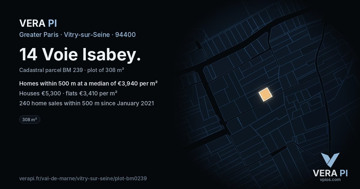 14 Voie Isabey, Vitry-sur-Seine at night – the plot lit, the parcels around coloured by the prices near them