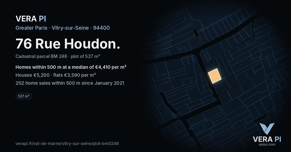 76 Rue Houdon, Vitry-sur-Seine at night – the plot lit, the parcels around coloured by the prices near them