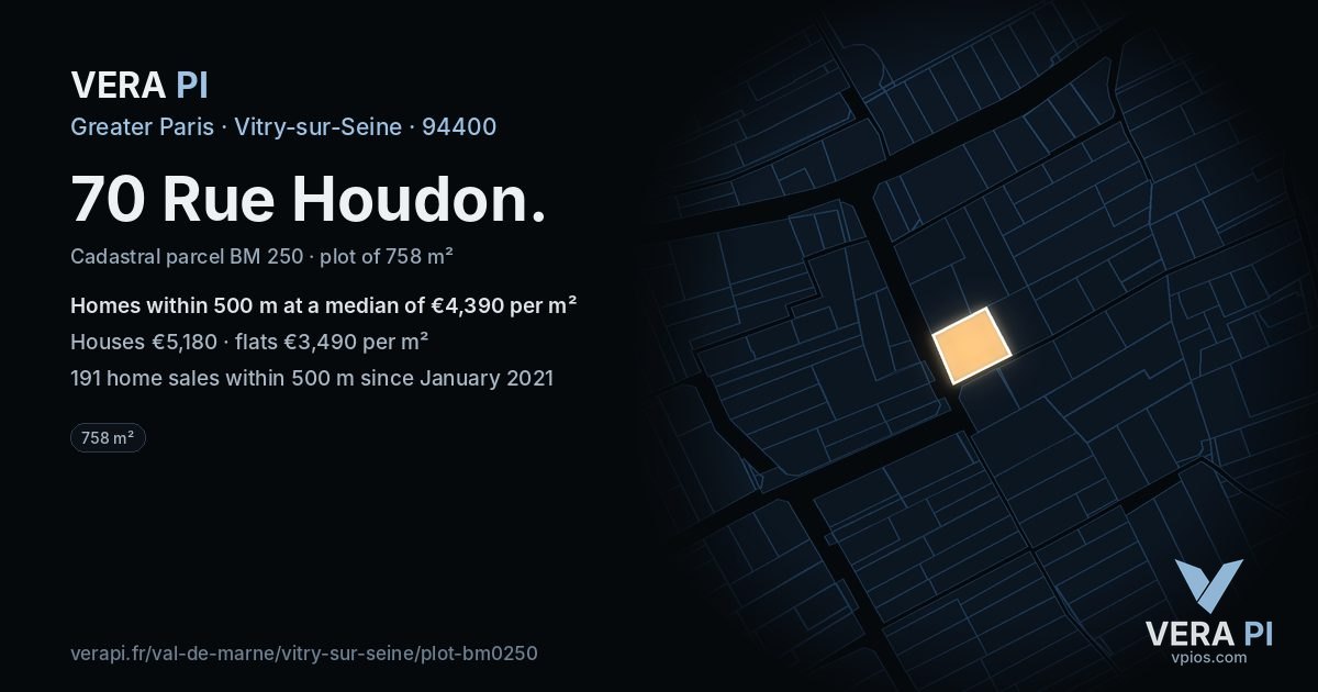 70 Rue Houdon, Vitry-sur-Seine at night – the plot lit, the parcels around coloured by the prices near them