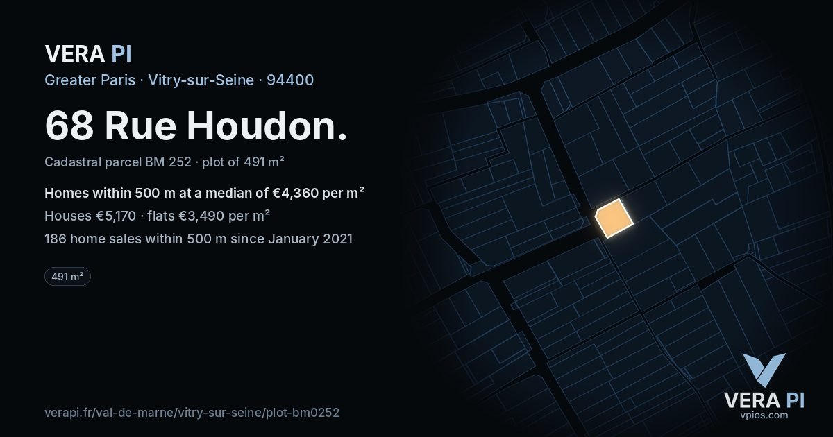 68 Rue Houdon, Vitry-sur-Seine at night – the plot lit, the parcels around coloured by the prices near them