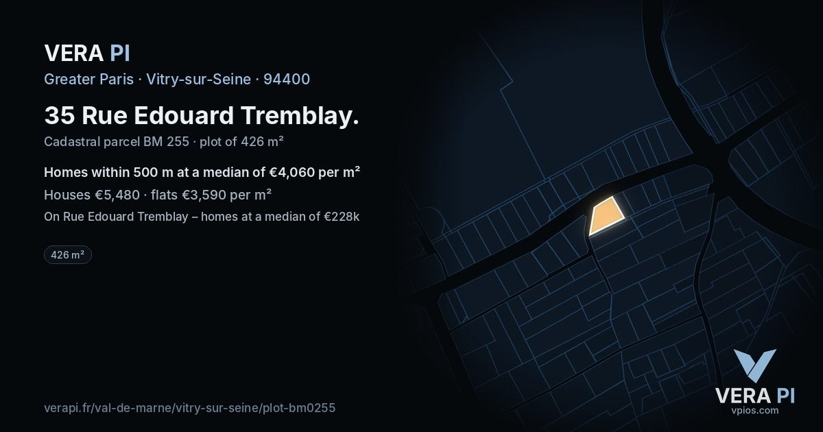 35 Rue Edouard Tremblay, Vitry-sur-Seine at night – the plot lit, the parcels around coloured by the prices near them