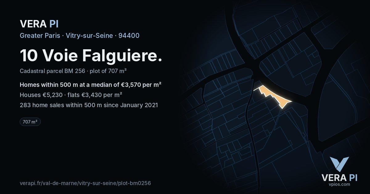 10 Voie Falguiere, Vitry-sur-Seine at night – the plot lit, the parcels around coloured by the prices near them