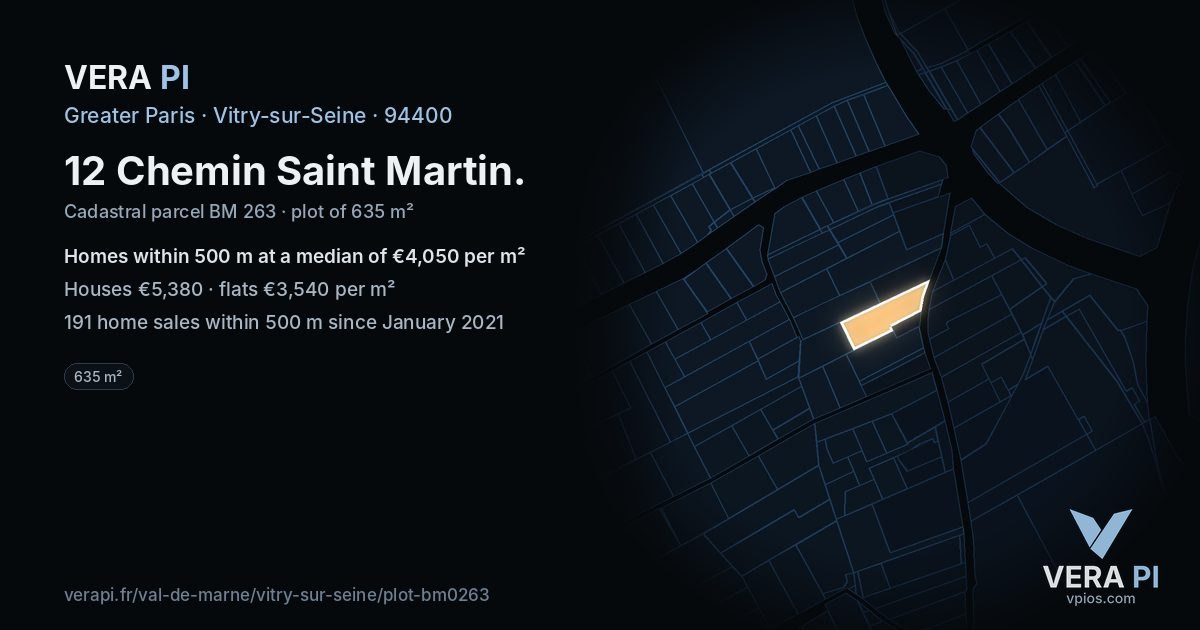 12 Chemin Saint Martin, Vitry-sur-Seine at night – the plot lit, the parcels around coloured by the prices near them