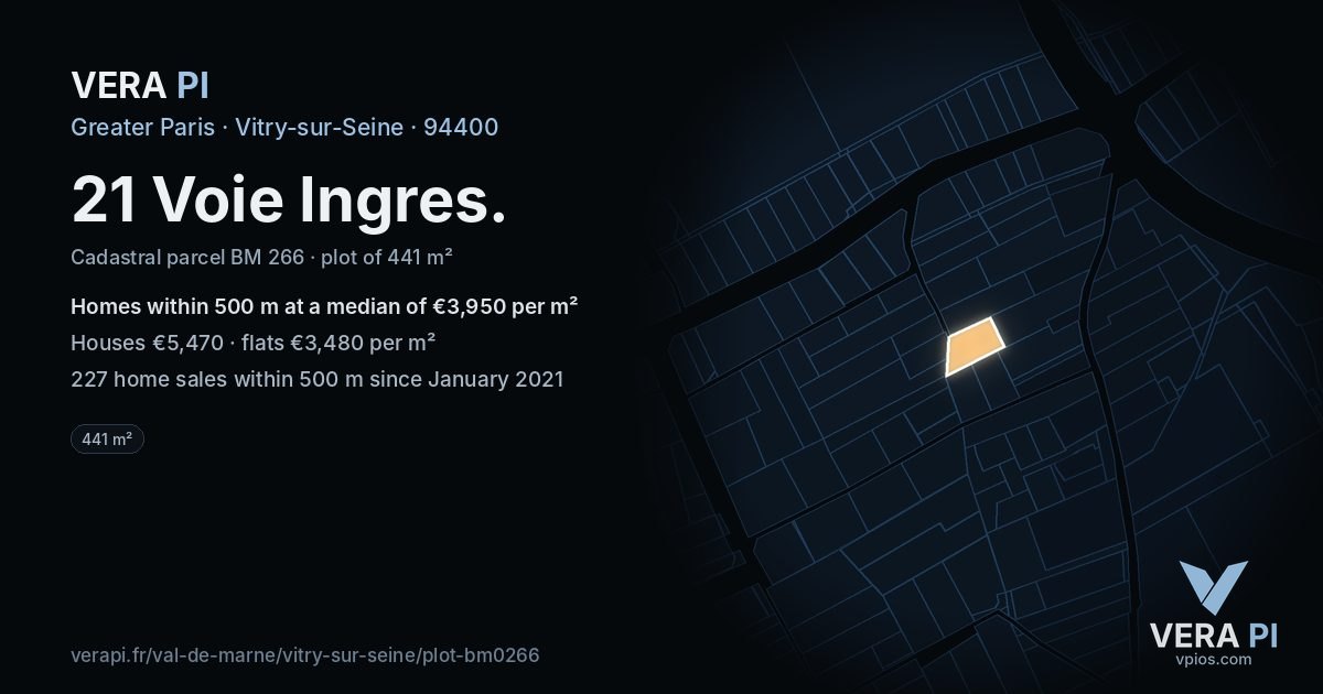 21 Voie Ingres, Vitry-sur-Seine at night – the plot lit, the parcels around coloured by the prices near them