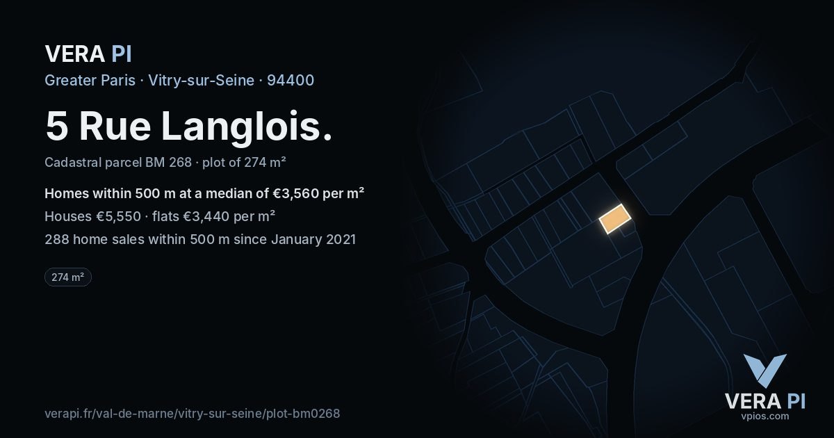 5 Rue Langlois, Vitry-sur-Seine at night – the plot lit, the parcels around coloured by the prices near them