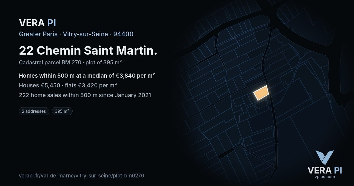 22 Chemin Saint Martin, Vitry-sur-Seine at night – the plot lit, the parcels around coloured by the prices near them