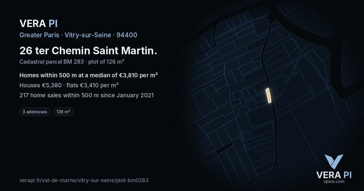 26 ter Chemin Saint Martin, Vitry-sur-Seine at night – the plot lit, the parcels around coloured by the prices near them