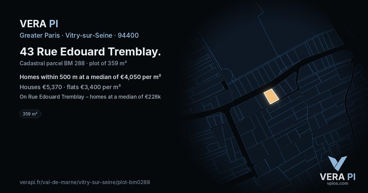 43 Rue Edouard Tremblay, Vitry-sur-Seine at night – the plot lit, the parcels around coloured by the prices near them