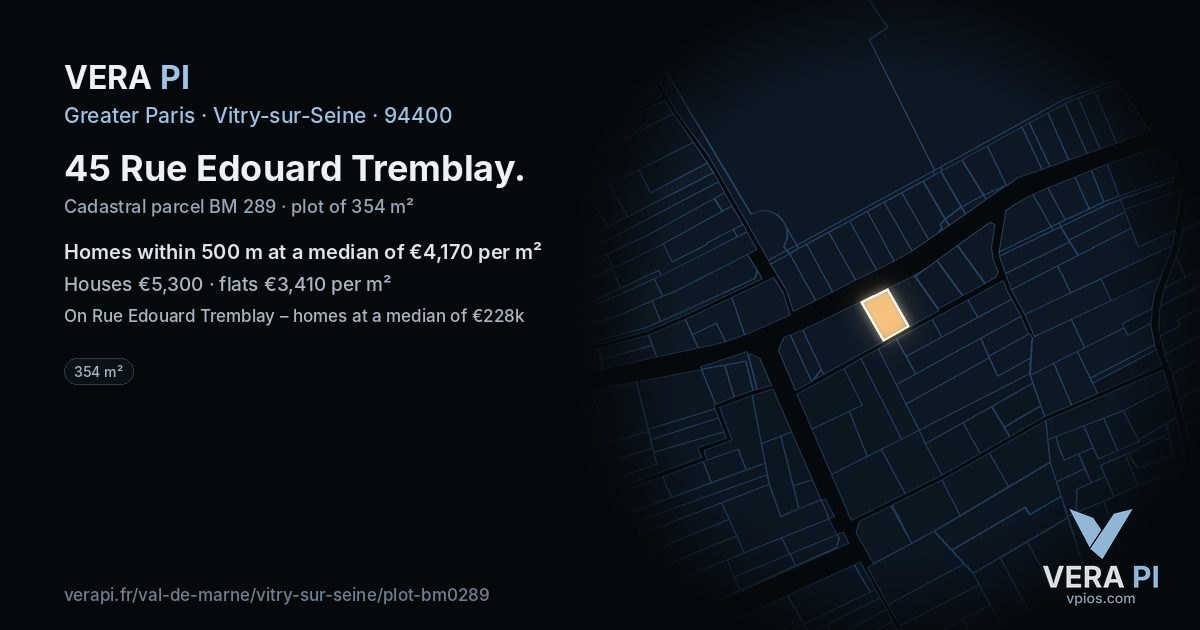 45 Rue Edouard Tremblay, Vitry-sur-Seine at night – the plot lit, the parcels around coloured by the prices near them