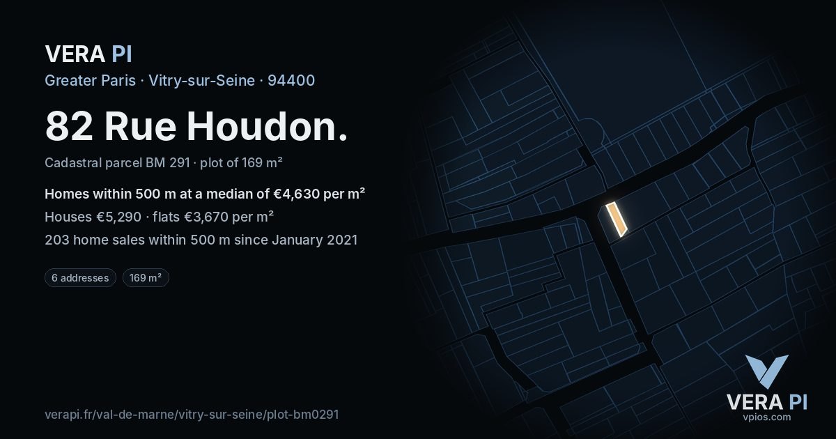 82 Rue Houdon, Vitry-sur-Seine at night – the plot lit, the parcels around coloured by the prices near them
