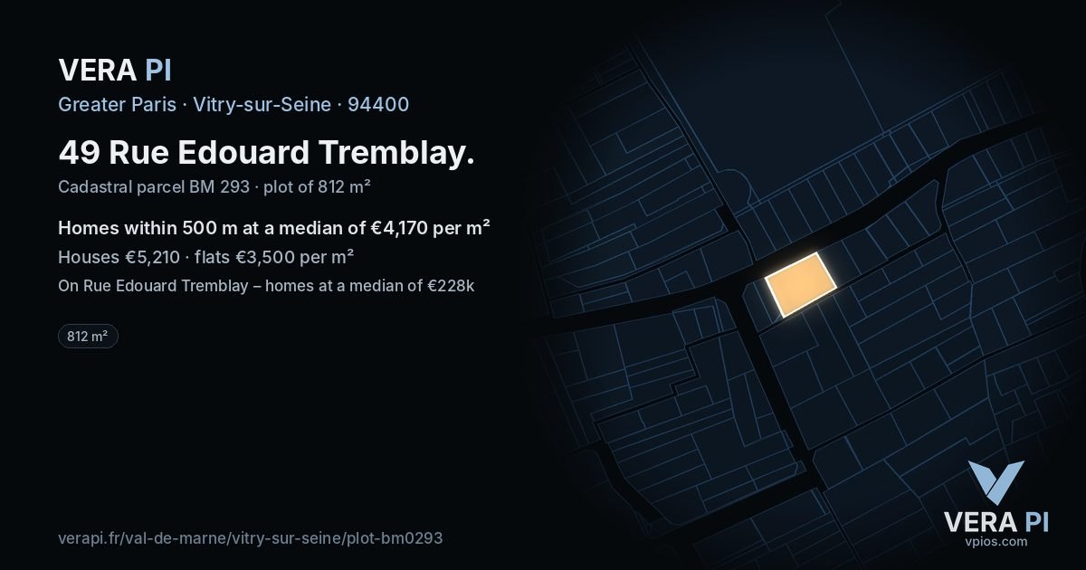 49 Rue Edouard Tremblay, Vitry-sur-Seine at night – the plot lit, the parcels around coloured by the prices near them