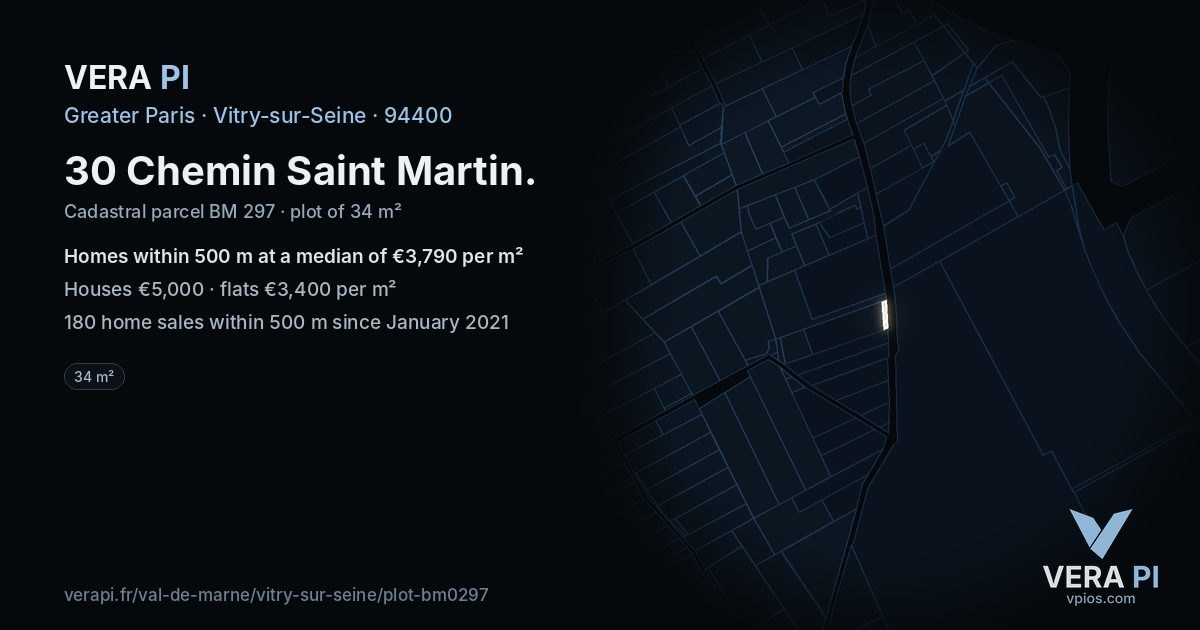 30 Chemin Saint Martin, Vitry-sur-Seine at night – the plot lit, the parcels around coloured by the prices near them