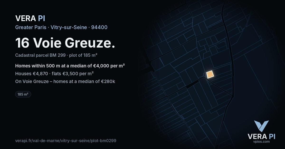 16 Voie Greuze, Vitry-sur-Seine at night – the plot lit, the parcels around coloured by the prices near them