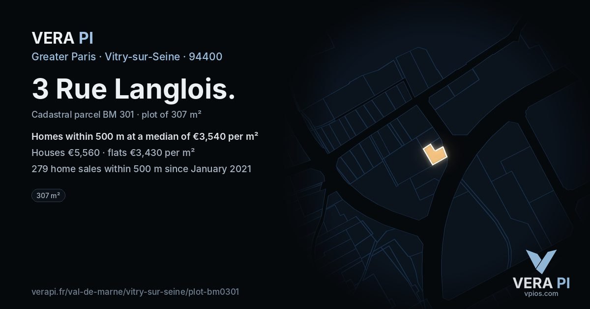 3 Rue Langlois, Vitry-sur-Seine at night – the plot lit, the parcels around coloured by the prices near them