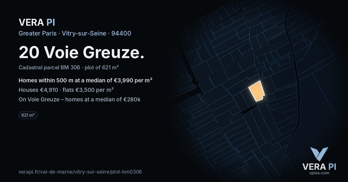 20 Voie Greuze, Vitry-sur-Seine at night – the plot lit, the parcels around coloured by the prices near them