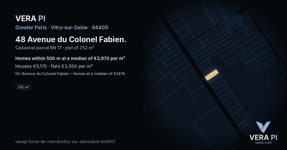 48 Avenue du Colonel Fabien, Vitry-sur-Seine at night – the plot lit, the parcels around coloured by the prices near them
