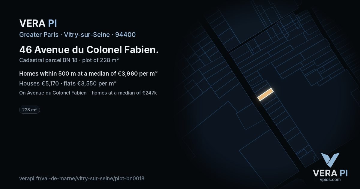 46 Avenue du Colonel Fabien, Vitry-sur-Seine at night – the plot lit, the parcels around coloured by the prices near them