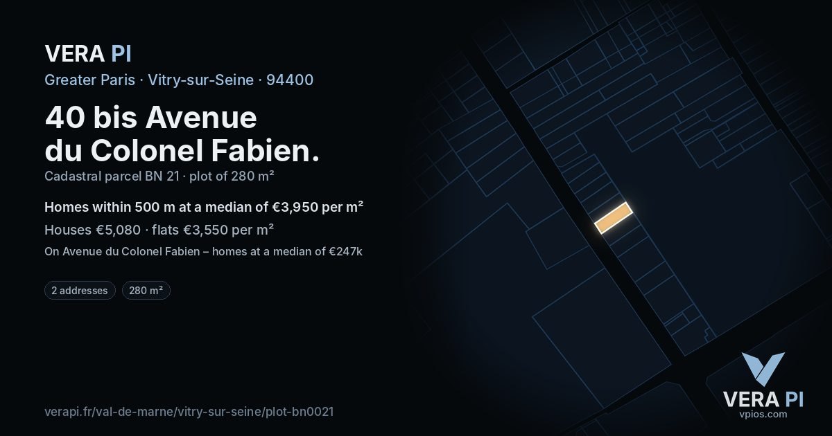 40 bis Avenue du Colonel Fabien, Vitry-sur-Seine at night – the plot lit, the parcels around coloured by the prices near them
