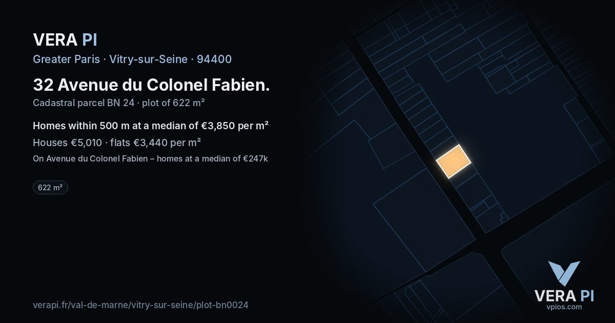 32 Avenue du Colonel Fabien, Vitry-sur-Seine at night – the plot lit, the parcels around coloured by the prices near them