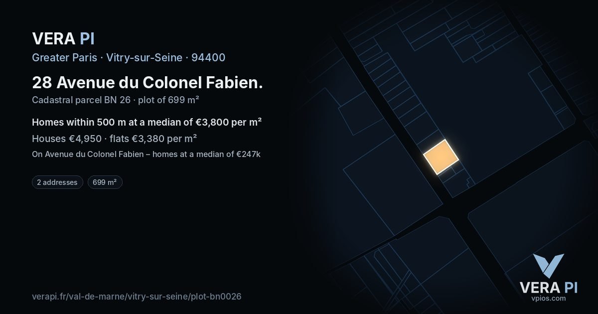 28 Avenue du Colonel Fabien, Vitry-sur-Seine at night – the plot lit, the parcels around coloured by the prices near them