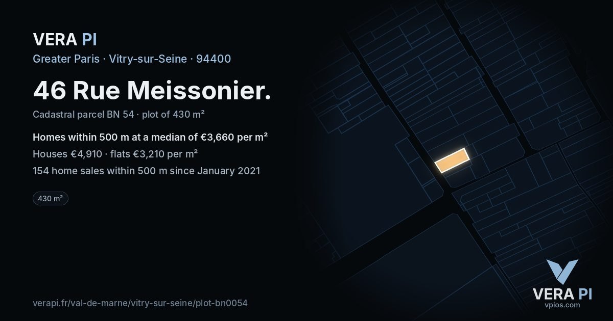 46 Rue Meissonier, Vitry-sur-Seine at night – the plot lit, the parcels around coloured by the prices near them