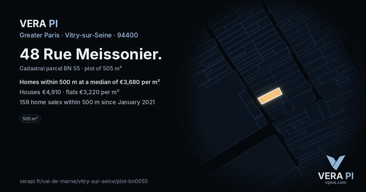 48 Rue Meissonier, Vitry-sur-Seine at night – the plot lit, the parcels around coloured by the prices near them