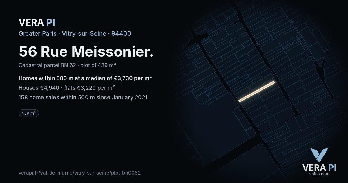 56 Rue Meissonier, Vitry-sur-Seine at night – the plot lit, the parcels around coloured by the prices near them