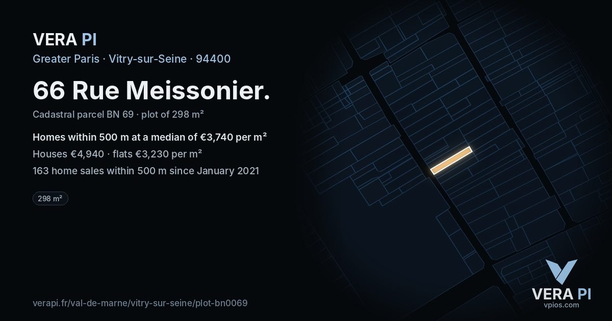 66 Rue Meissonier, Vitry-sur-Seine at night – the plot lit, the parcels around coloured by the prices near them