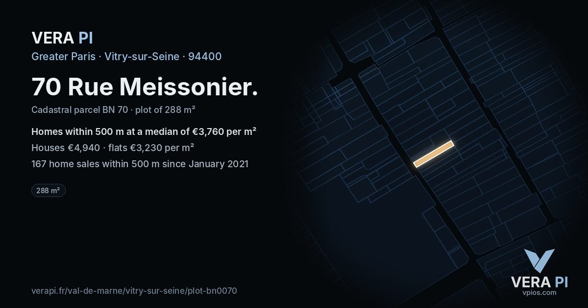 70 Rue Meissonier, Vitry-sur-Seine at night – the plot lit, the parcels around coloured by the prices near them