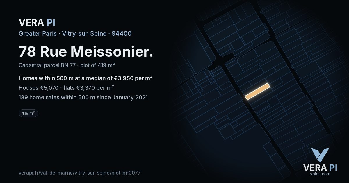 78 Rue Meissonier, Vitry-sur-Seine at night – the plot lit, the parcels around coloured by the prices near them
