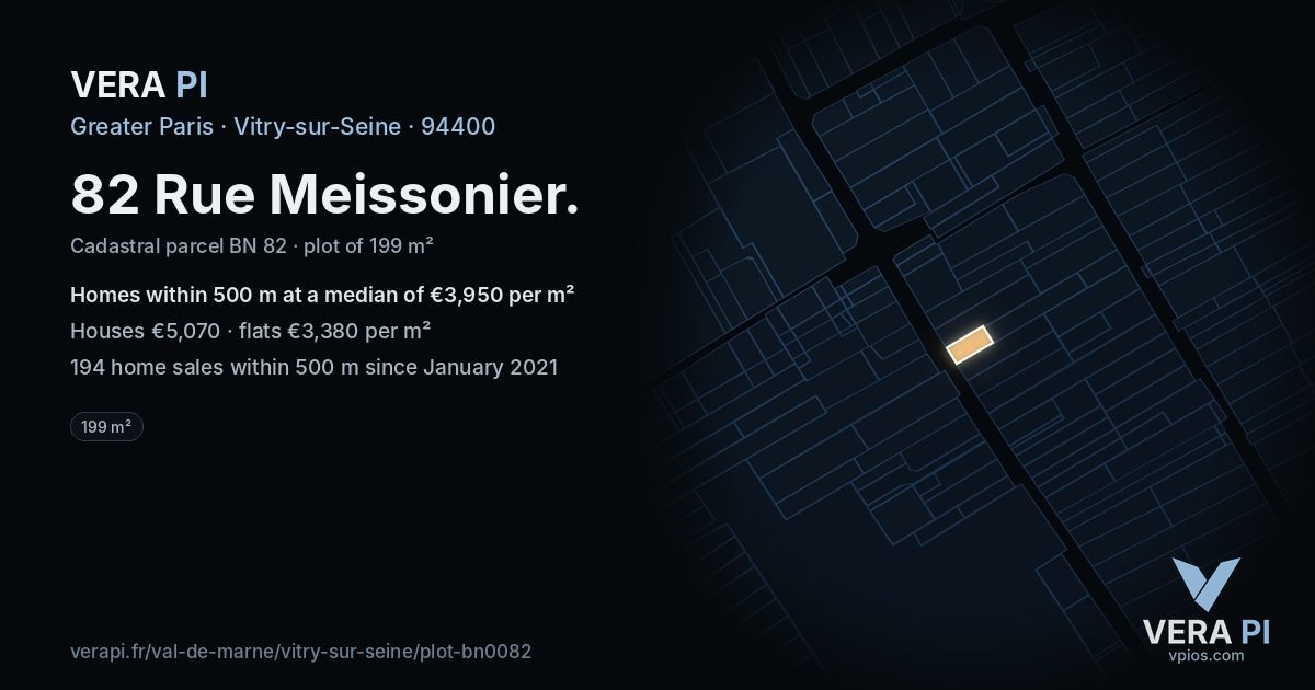 82 Rue Meissonier, Vitry-sur-Seine at night – the plot lit, the parcels around coloured by the prices near them
