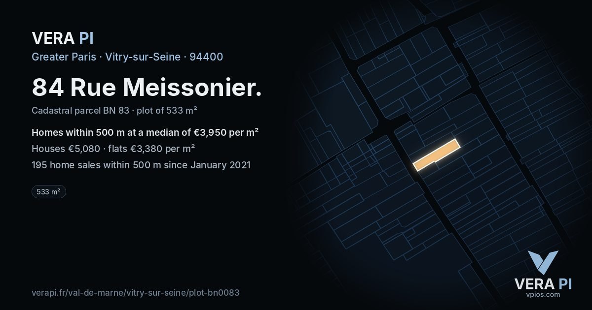 84 Rue Meissonier, Vitry-sur-Seine at night – the plot lit, the parcels around coloured by the prices near them