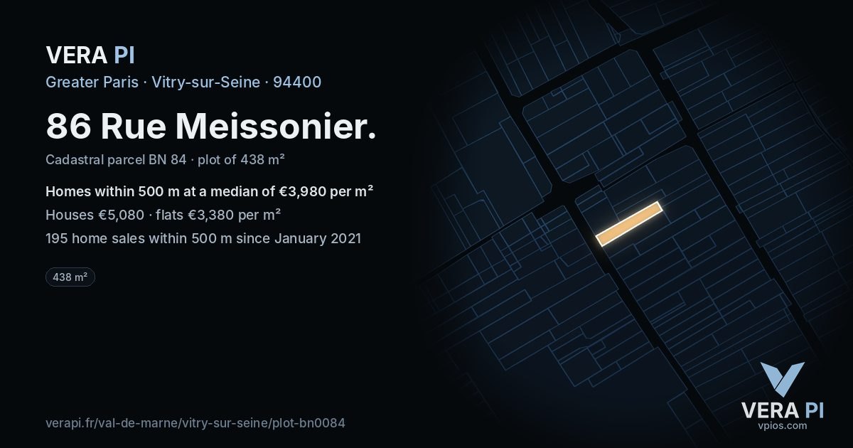 86 Rue Meissonier, Vitry-sur-Seine at night – the plot lit, the parcels around coloured by the prices near them