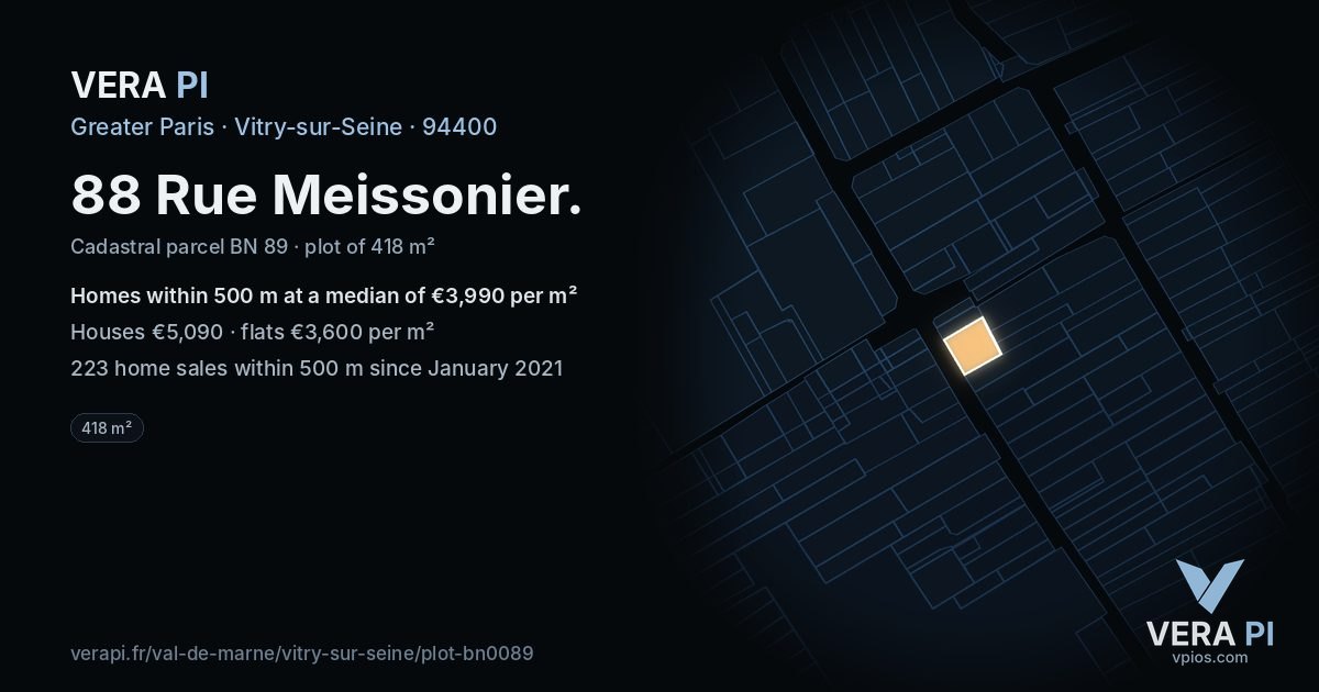 88 Rue Meissonier, Vitry-sur-Seine at night – the plot lit, the parcels around coloured by the prices near them