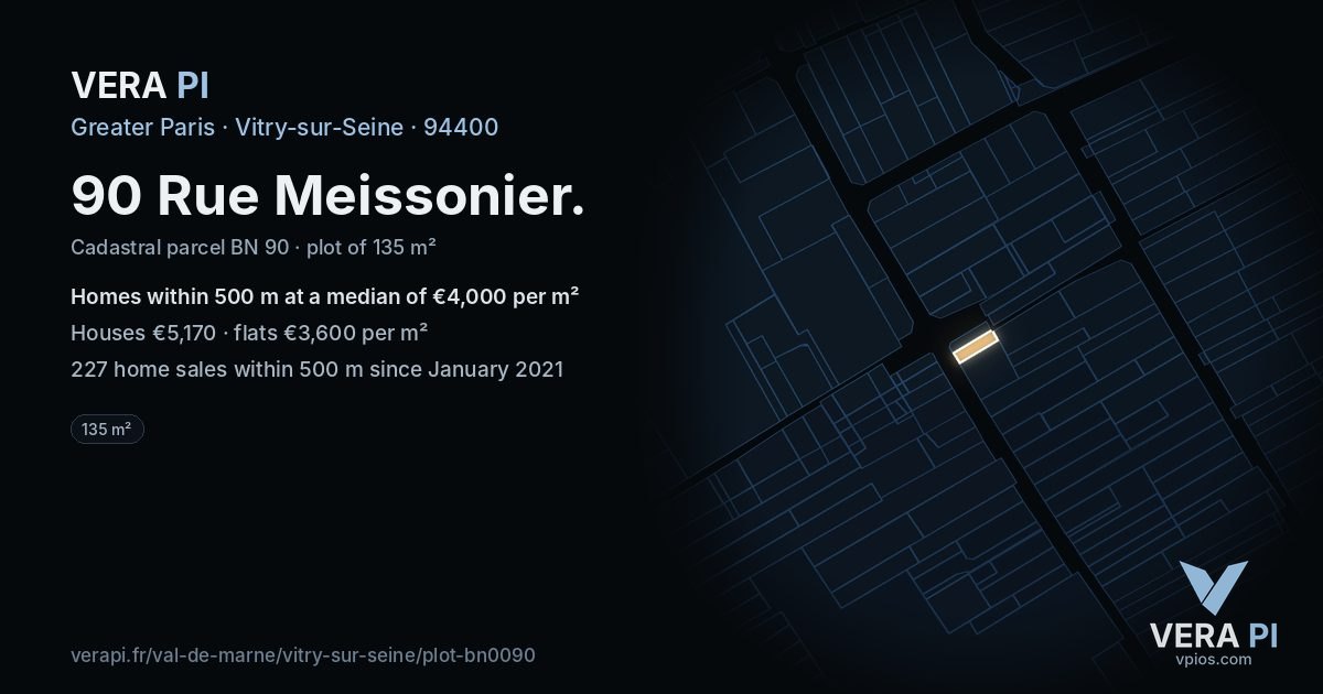 90 Rue Meissonier, Vitry-sur-Seine at night – the plot lit, the parcels around coloured by the prices near them