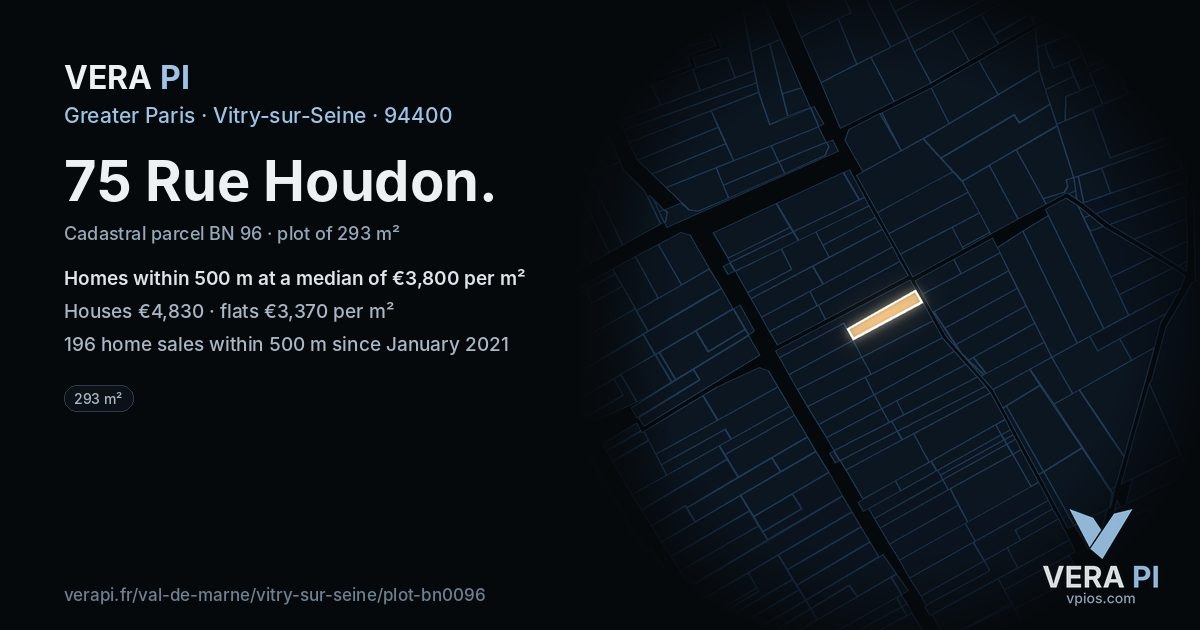 75 Rue Houdon, Vitry-sur-Seine at night – the plot lit, the parcels around coloured by the prices near them