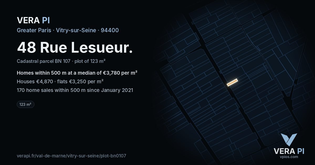 48 Rue Lesueur, Vitry-sur-Seine at night – the plot lit, the parcels around coloured by the prices near them