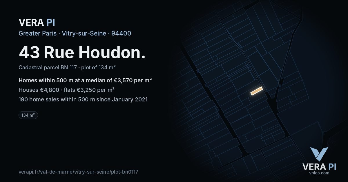 43 Rue Houdon, Vitry-sur-Seine at night – the plot lit, the parcels around coloured by the prices near them