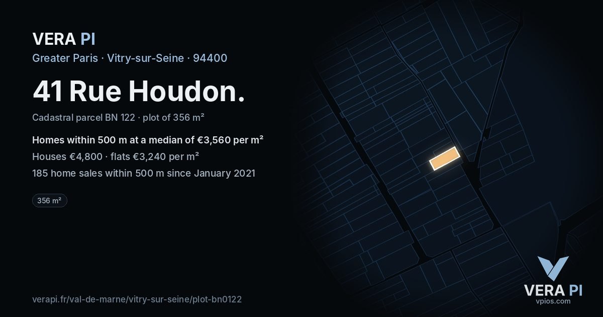 41 Rue Houdon, Vitry-sur-Seine at night – the plot lit, the parcels around coloured by the prices near them