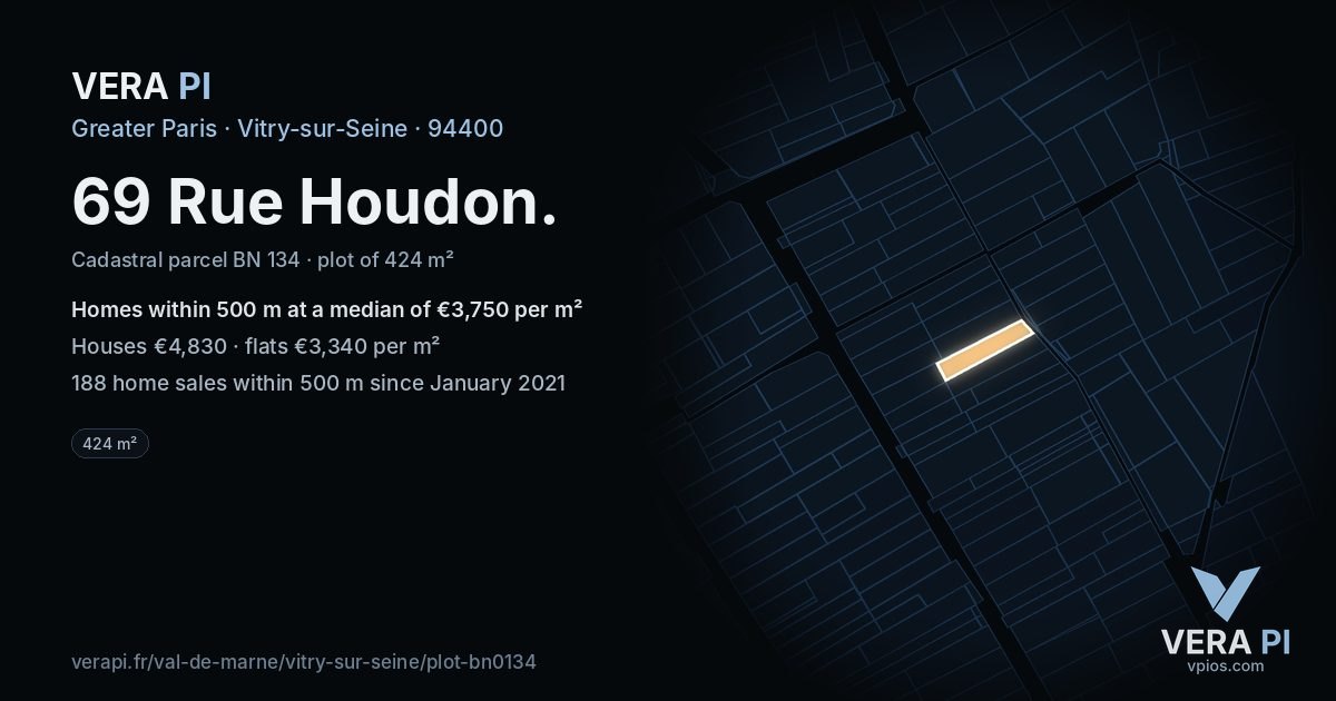 69 Rue Houdon, Vitry-sur-Seine at night – the plot lit, the parcels around coloured by the prices near them
