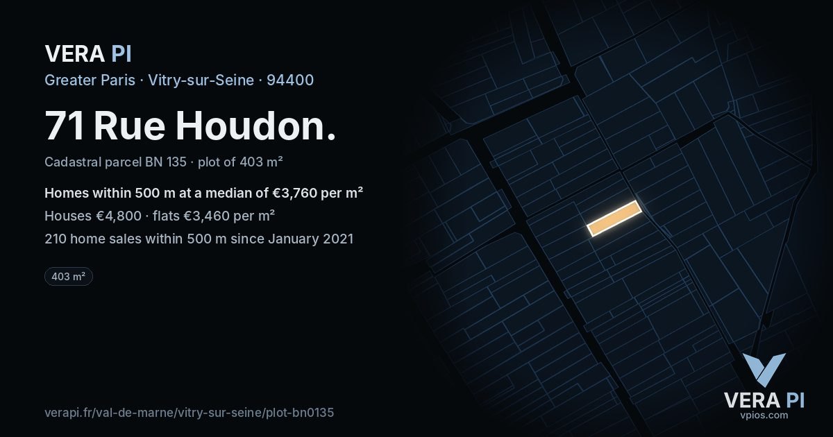 71 Rue Houdon, Vitry-sur-Seine at night – the plot lit, the parcels around coloured by the prices near them